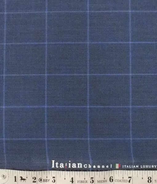 Italian Channel Aegan Blue Broad Checks Premium Party Wear Three Piece Unstitched Suit Length Fabric (Unstitched - 3.75 Mtr)