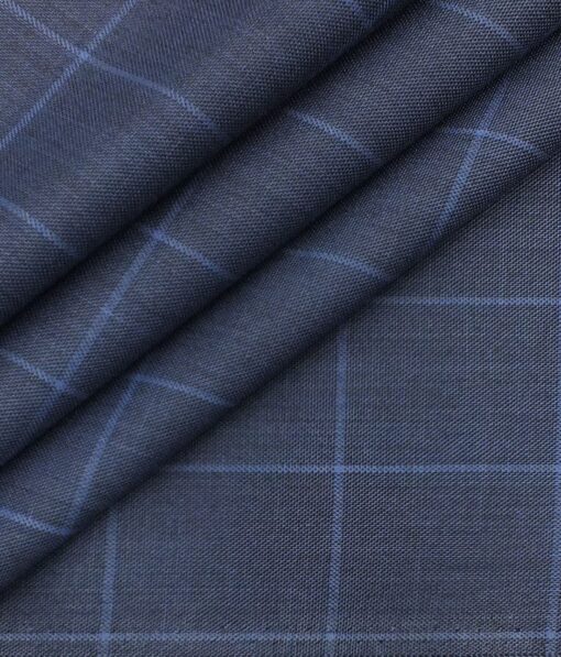 Italian Channel Aegan Blue Broad Checks Premium Party Wear Three Piece Unstitched Suit Length Fabric (Unstitched - 3.75 Mtr)