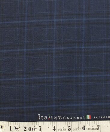 Italian Channel Dark Royal Blue Broad Checks Premium Party Wear Three Piece Unstitched Suit Length Fabric (Unstitched - 3.75 Mtr)