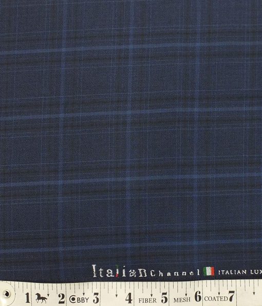 Italian Channel Dark Royal Blue Broad Checks Premium Party Wear Three Piece Unstitched Suit Length Fabric (Unstitched - 3.75 Mtr)