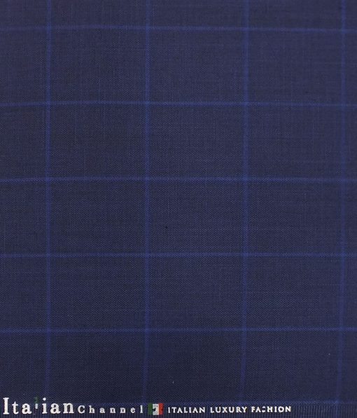 Italian Channel Dark Royal Blue Broad Checks Premium Party Wear Three Piece Unstitched Suit Length Fabric (Unstitched - 3.75 Mtr)