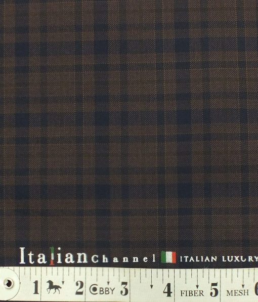 Italian Channel Dark Brown & Blue Checks Terry Rayon Premium Three Piece Suit Fabric (Unstitched - 3.75 Mtr