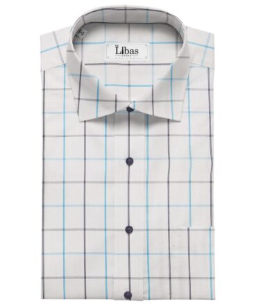 J.Hampstead by Siyaram's White 100% Giza Cotton Blue Checks Shirt Fabric (1.60 M)