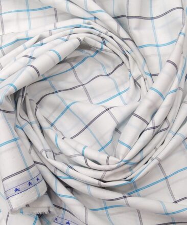 J.Hampstead by Siyaram's White 100% Giza Cotton Blue Checks Shirt Fabric (1.60 M)