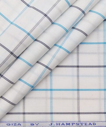 J.Hampstead by Siyaram's White 100% Giza Cotton Blue Checks Shirt Fabric (1.60 M)