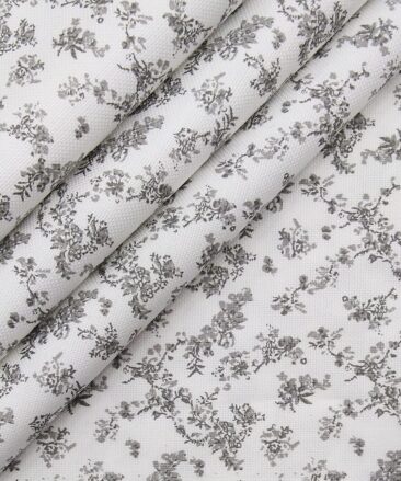 Monza White 100% Superfine Cotton Grey Floral Printed Shirt Fabric (1.60 M)