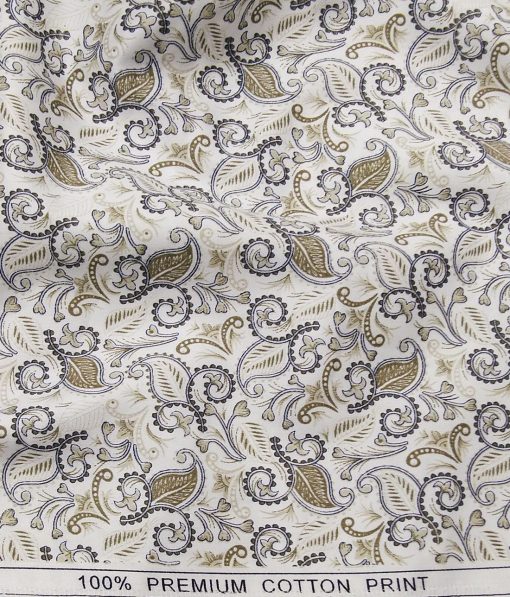 True Value White 100% Premium Cotton Brown Floral Print Shirt Fabric (1.60 M)