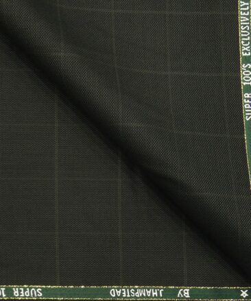 J.Hamsptead by Siyaram's 20% Merino Wool Super 90's Dark Green Structured Cum Checks Unstitched Suiting Fabric