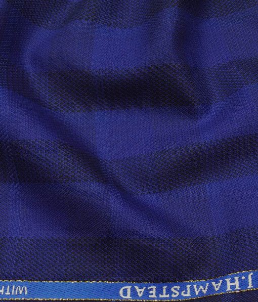 J.Hamsptead by Siyaram's 20% Merino Wool Super 90's Dark Royal Blue Broad Checks Unstitched Suiting Fabric