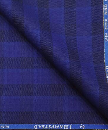 J.Hamsptead by Siyaram's 20% Merino Wool Super 90's Dark Royal Blue Broad Checks Unstitched Suiting Fabric