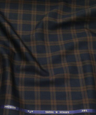 Saville & Young Dark Blue & Brown Broad Checks Super 110's 20% Merino Wool Suiting Fabric