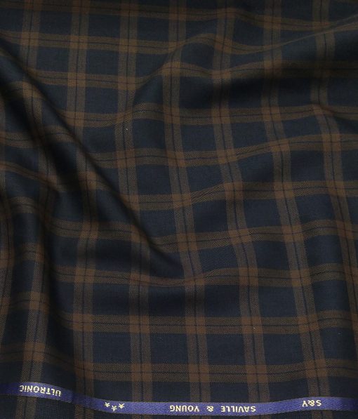 Saville & Young Dark Blue & Brown Broad Checks Super 110's 20% Merino Wool Suiting Fabric