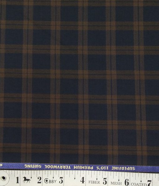 Saville & Young Dark Blue & Brown Broad Checks Super 110's 20% Merino Wool Suiting Fabric