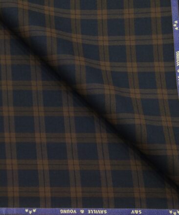 Saville & Young Dark Blue & Brown Broad Checks Super 110's 20% Merino Wool Suiting Fabric