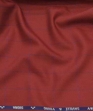 Saville & Young Ruby Red & Blue Structured Cum Broad Checks Super 110's 20% Merino Wool Suiting Fabric