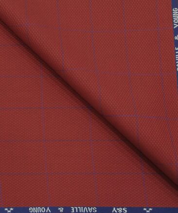 Saville & Young Ruby Red & Blue Structured Cum Broad Checks Super 110's 20% Merino Wool Suiting Fabric