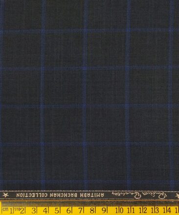 Grado by Grasim Dark Grey Polyester Viscose Blue Broad Checks Unstitched Suiting Fabric