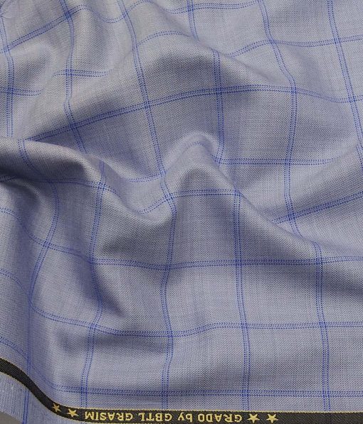 Grado by Grasim Light Blue Polyester Viscose Broad Blue Checks Unstitched Suiting Fabric