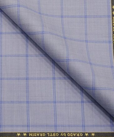 Grado by Grasim Light Blue Polyester Viscose Broad Blue Checks Unstitched Suiting Fabric