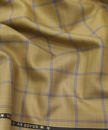 Grado by Grasim Sand Beige Polyester Viscose Blue Broad Checks Unstitched Suiting Fabric