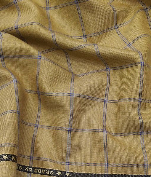 Grado by Grasim Sand Beige Polyester Viscose Blue Broad Checks Unstitched Suiting Fabric