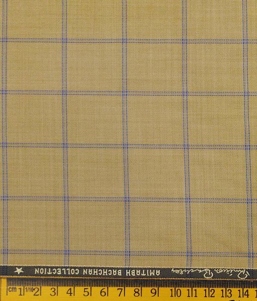 Grado by Grasim Sand Beige Polyester Viscose Blue Broad Checks Unstitched Suiting Fabric