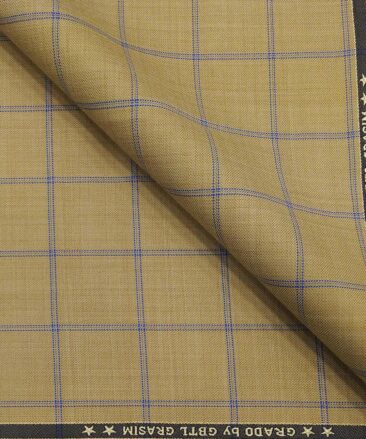 Grado by Grasim Sand Beige Polyester Viscose Blue Broad Checks Unstitched Suiting Fabric