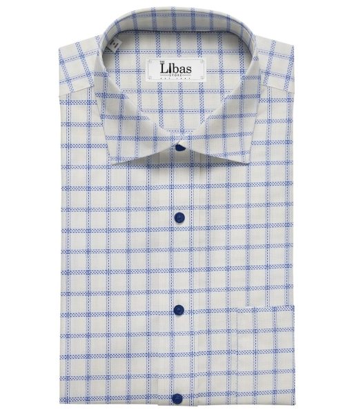 Exquisite White Poly Cotton Blue Stucutured Cum Checks Shirt Fabric (1.60 M)