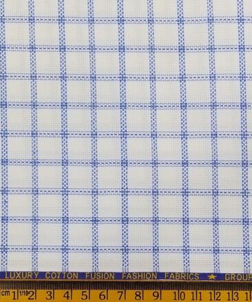 Exquisite White Poly Cotton Blue Stucutured Cum Checks Shirt Fabric (1.60 M)