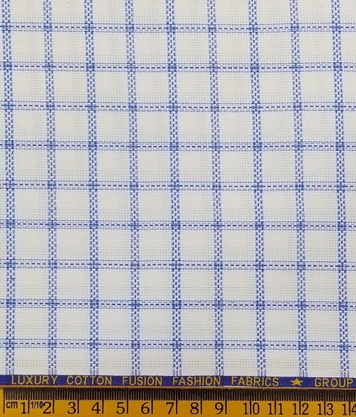 Exquisite White Poly Cotton Blue Stucutured Cum Checks Shirt Fabric (1.60 M)