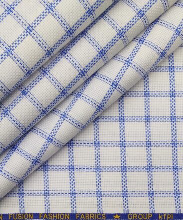 Exquisite White Poly Cotton Blue Stucutured Cum Checks Shirt Fabric (1.60 M)