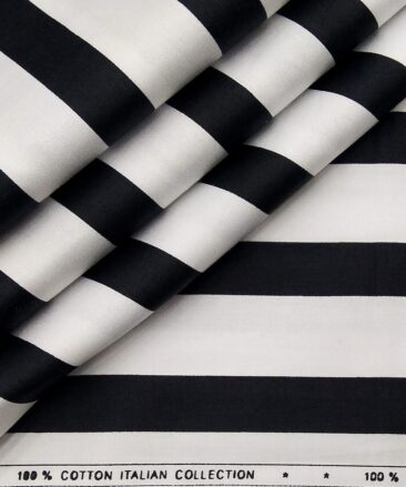 Exquisite White 100% Pure Cotton Black Broad Stripes Shirt Fabric (1.60 M)