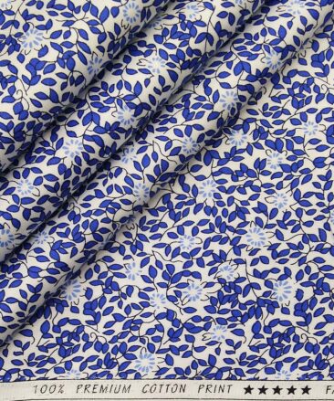 Solino White 100% Premium Cotton Royal Blue Floral Printed Shirt Fabric (1.60 M)