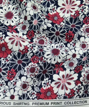 Solino Blue 100% Premium Cotton Floral Printed Shirt Fabric (1.60 M)