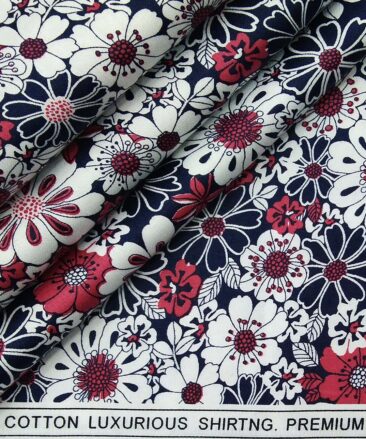 Solino Blue 100% Premium Cotton Floral Printed Shirt Fabric (1.60 M)