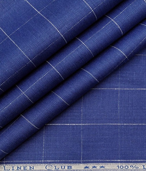 Linen Club Men's Genuine European Linen Royal Blue Broad Checks Unstitched Blazer Fabric (2 Meter)