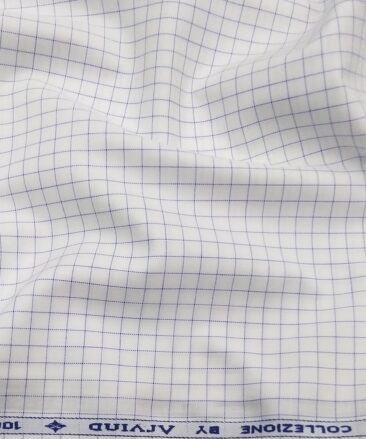 Arvind Men's White 100% Premium Cotton Blue Checks Shirt Fabric (1.60 M)