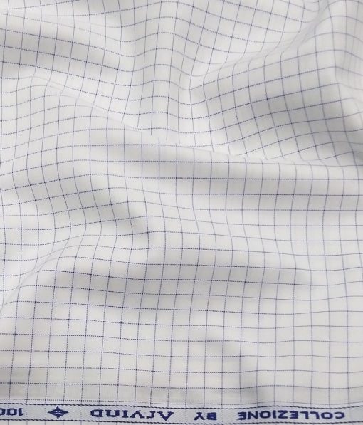 Arvind Men's White 100% Premium Cotton Blue Checks Shirt Fabric (1.60 M)