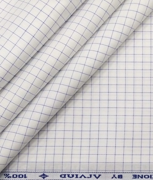 Arvind Men's White 100% Premium Cotton Blue Checks Shirt Fabric (1.60 M)