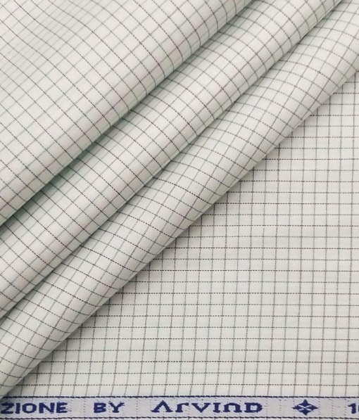 Arvind Men's White 100% Premium Cotton Green & Blue Checks Shirt Fabric (1.60 M)