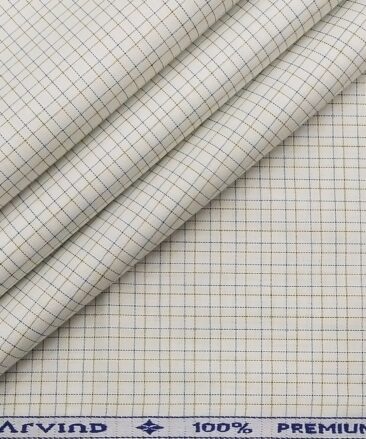 Arvind Men's White 100% Premium Cotton Brown & Sea Green Checks Shirt Fabric (1.60 M)