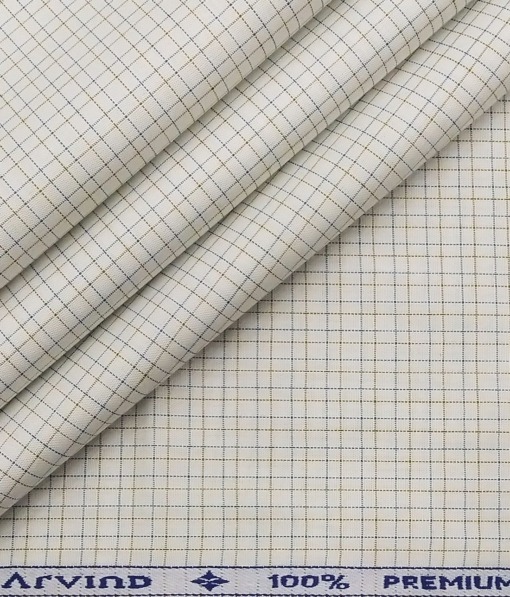 Arvind Men's White 100% Premium Cotton Brown & Sea Green Checks Shirt Fabric (1.60 M)