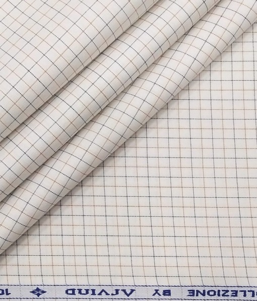 Arvind Men's White 100% Premium Cotton Green & Brown Checks Shirt Fabric (1.60 M)