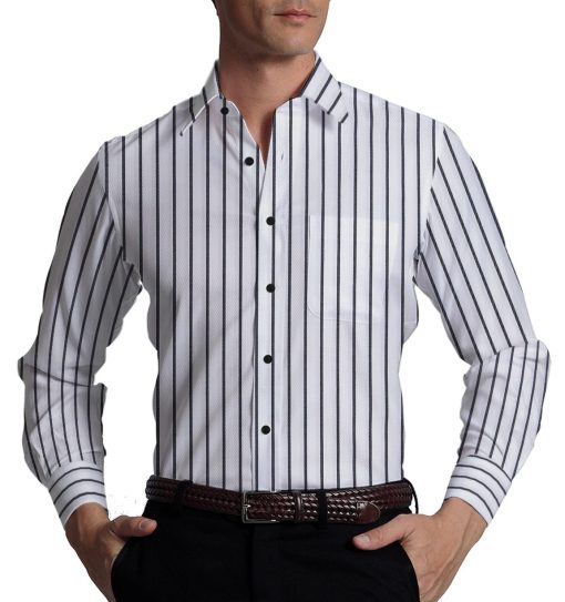 Monza Men's White 100% Giza Cotton Black Stripes Shirt Fabric (1.60 M)