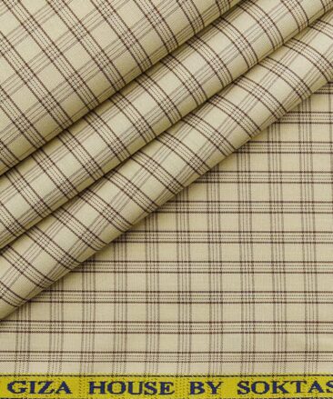 Soktas Men's Beige 100% Cotton Brown Checks Shirt Fabric (1.60 M)