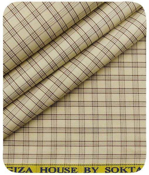 Soktas Men's Beige 100% Cotton Brown Checks Shirt Fabric (1.60 M)