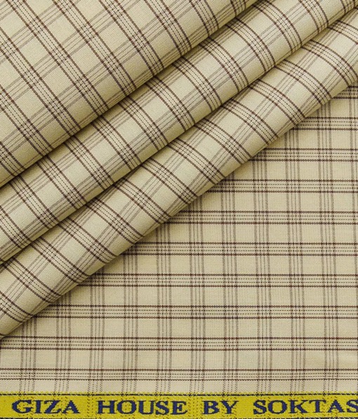 Soktas Men's Beige 100% Cotton Brown Checks Shirt Fabric (1.60 M)