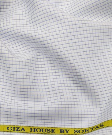 Soktas Men's White 100% Cotton Blue Checks Shirt Fabric (1.60 M)