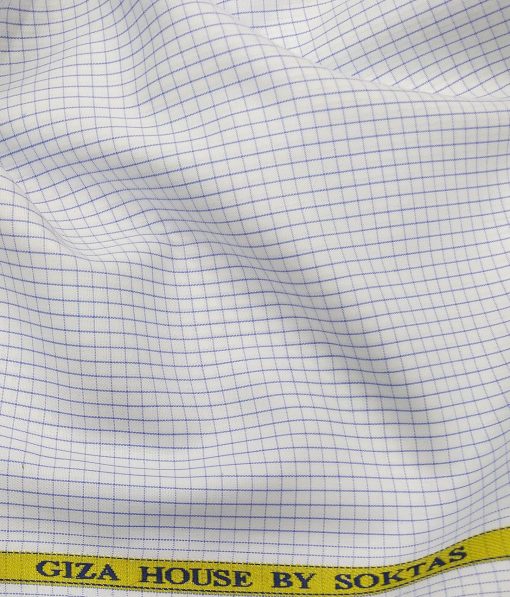 Soktas Men's White 100% Cotton Blue Checks Shirt Fabric (1.60 M)