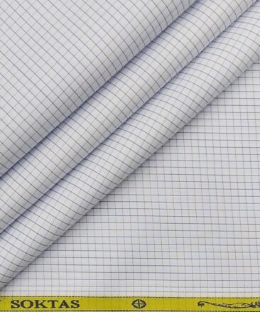 Soktas Men's White 100% Cotton Blue Checks Shirt Fabric (1.60 M)